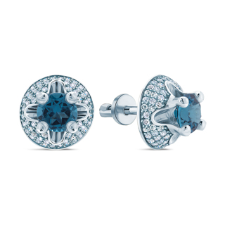 Sterling Silver Stud Earrings with Blue Cubic Zirconia Center