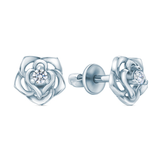Sterling Silver Rose Stud Earrings with Cubic Zirconia Center