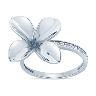 Sterling Silver Tiare Flower Ring with Cubic Zirconia Band